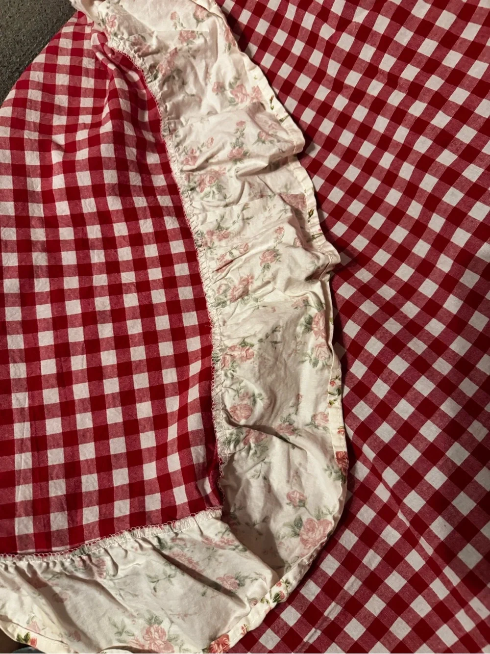Classic Red Gingham Tablecloth with Floral Trim